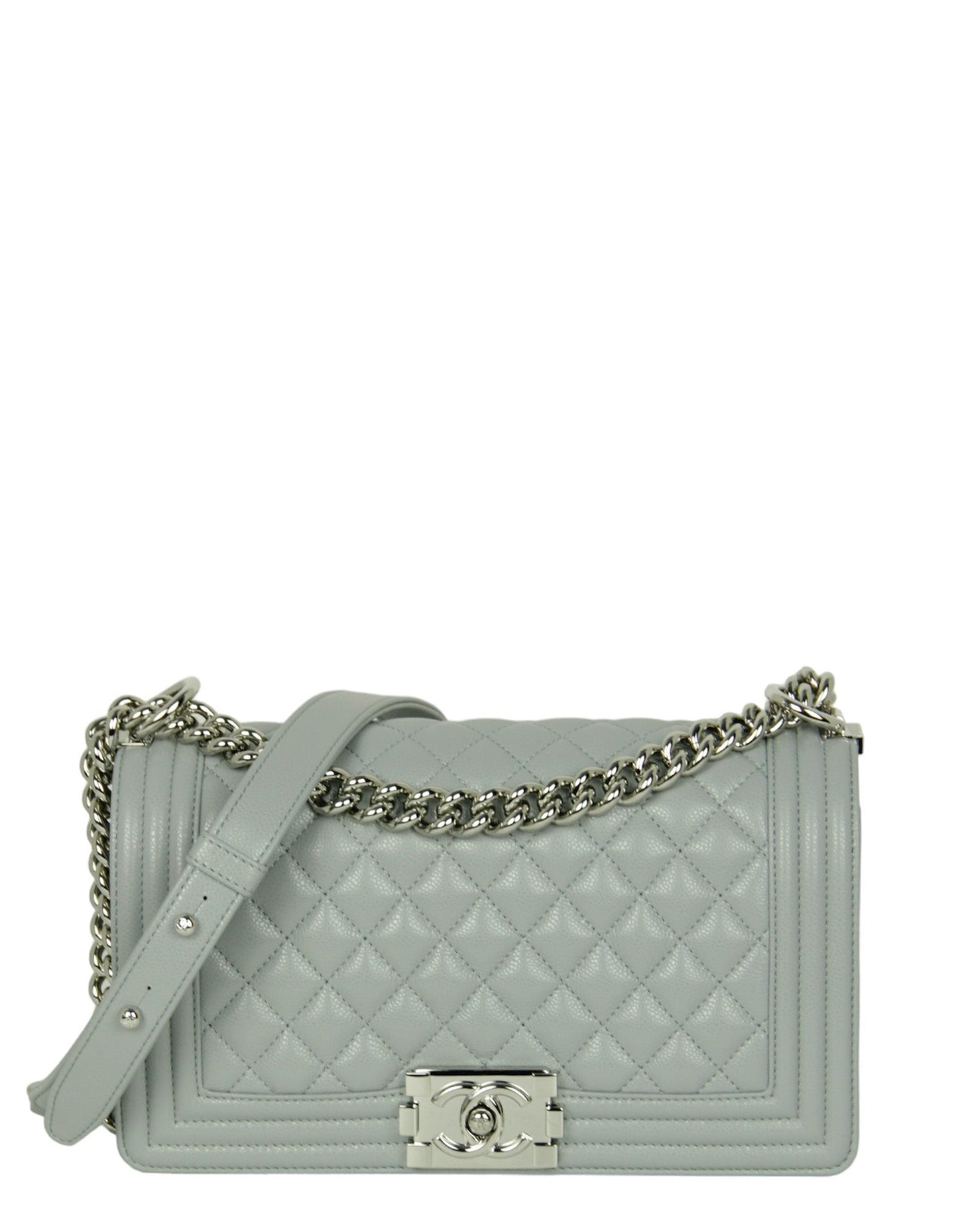Chanel 2024 Grey Shiny Caviar Leather Quilted Medium Boy Bag