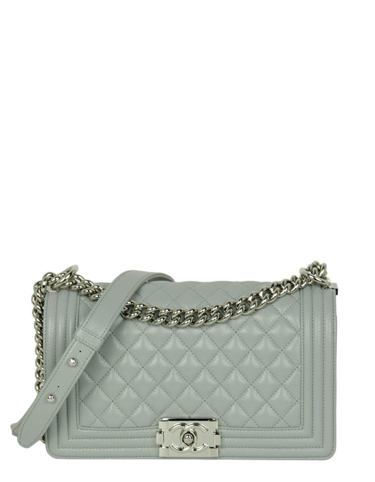 Chanel 2024 Grey Shiny Caviar Leather Quilted Medium Boy Bag