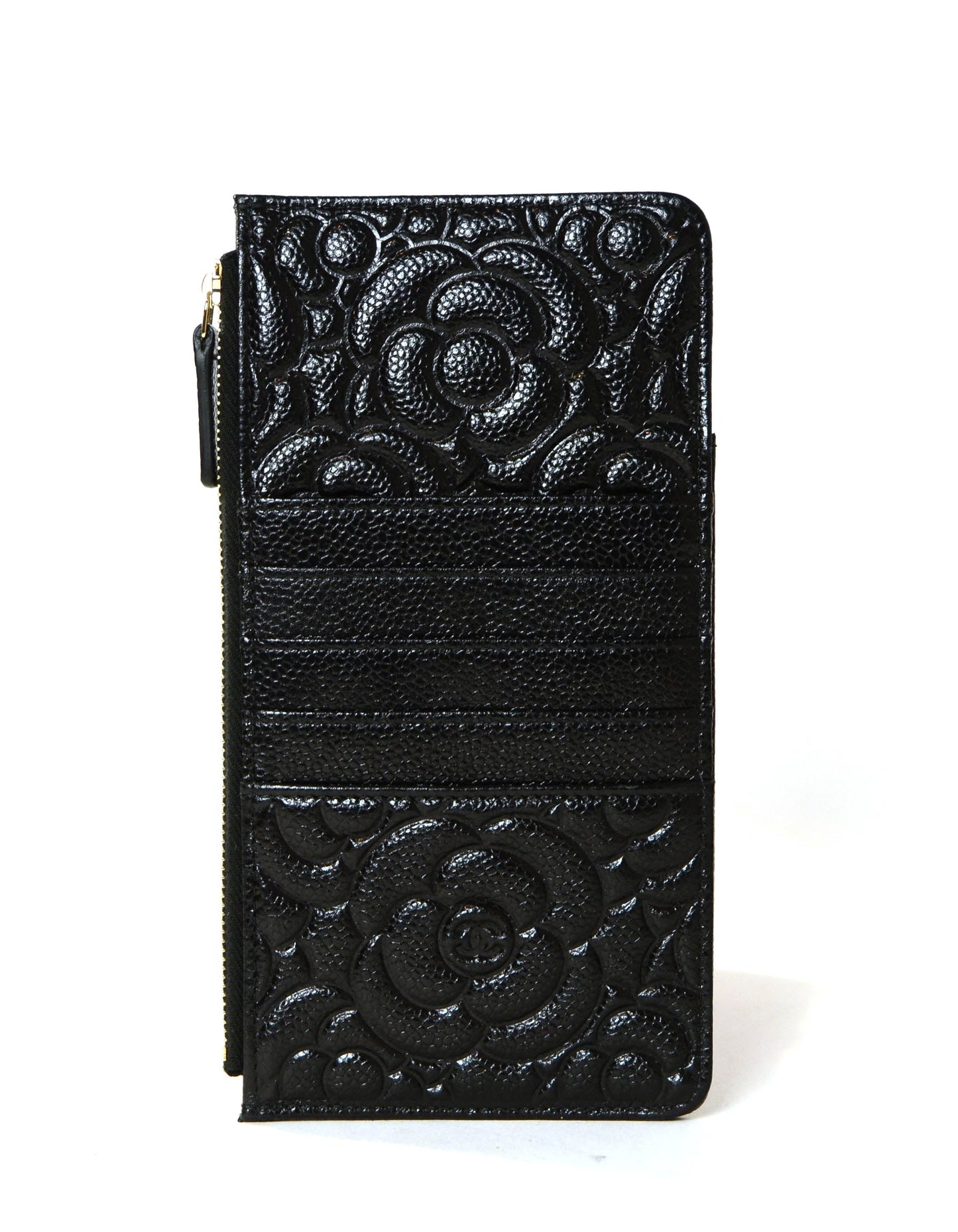 Chanel Black Caviar Camellia Embossed Classic Flat Wallet iPhone Pouch