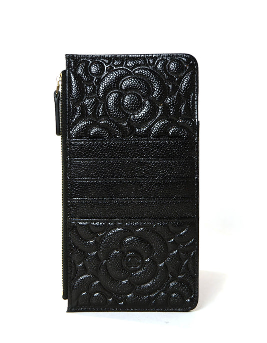 Chanel Black Caviar Camellia Embossed Classic Flat Wallet iPhone Pouch