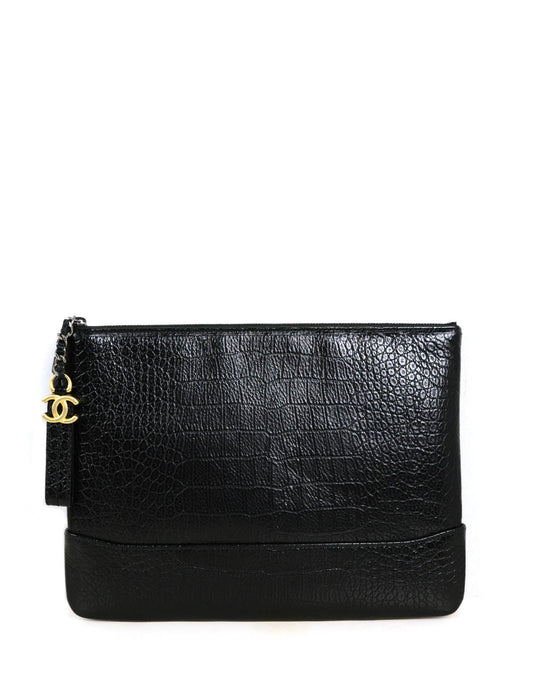 Chanel NEW Black Crocodile Embossed Gabrielle Wristlet Bag