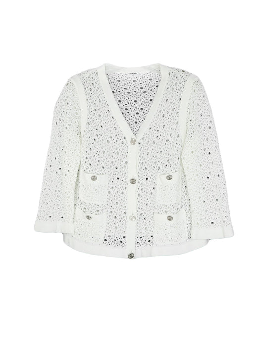 Chanel White Crochet Button down Jacket w/ 4 Pockets & 8 Silvertone Buttons sz Large
