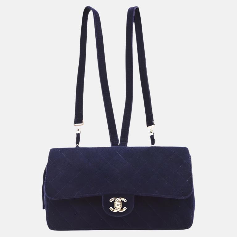 Chanel Navy Velvet Shoulder Flap Blackpack   Silver HW, 1996