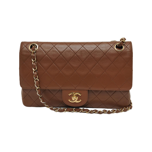Chanel Classic Flap   Medium Tan Brown Lambskin Leather 24k Gold Hardware