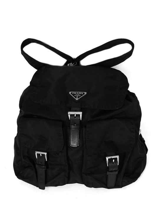 Prada Black Nylon Double Buckle Backpack Bag