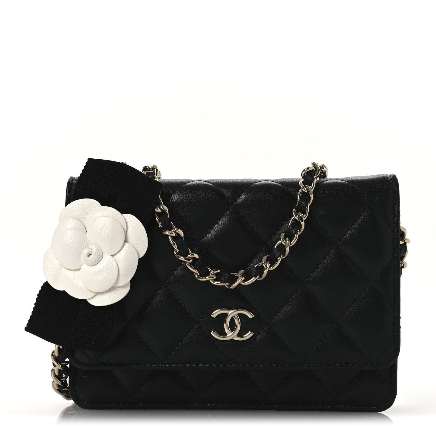 Amelia Lambskin Quilted Mini Camellia Bow Wallet On Chain WOC Black