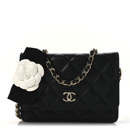 Amelia Lambskin Quilted Mini Camellia Bow Wallet On Chain WOC Black