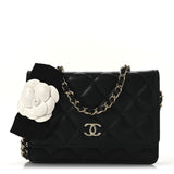Amelia Lambskin Quilted Mini Camellia Bow Wallet On Chain WOC Black