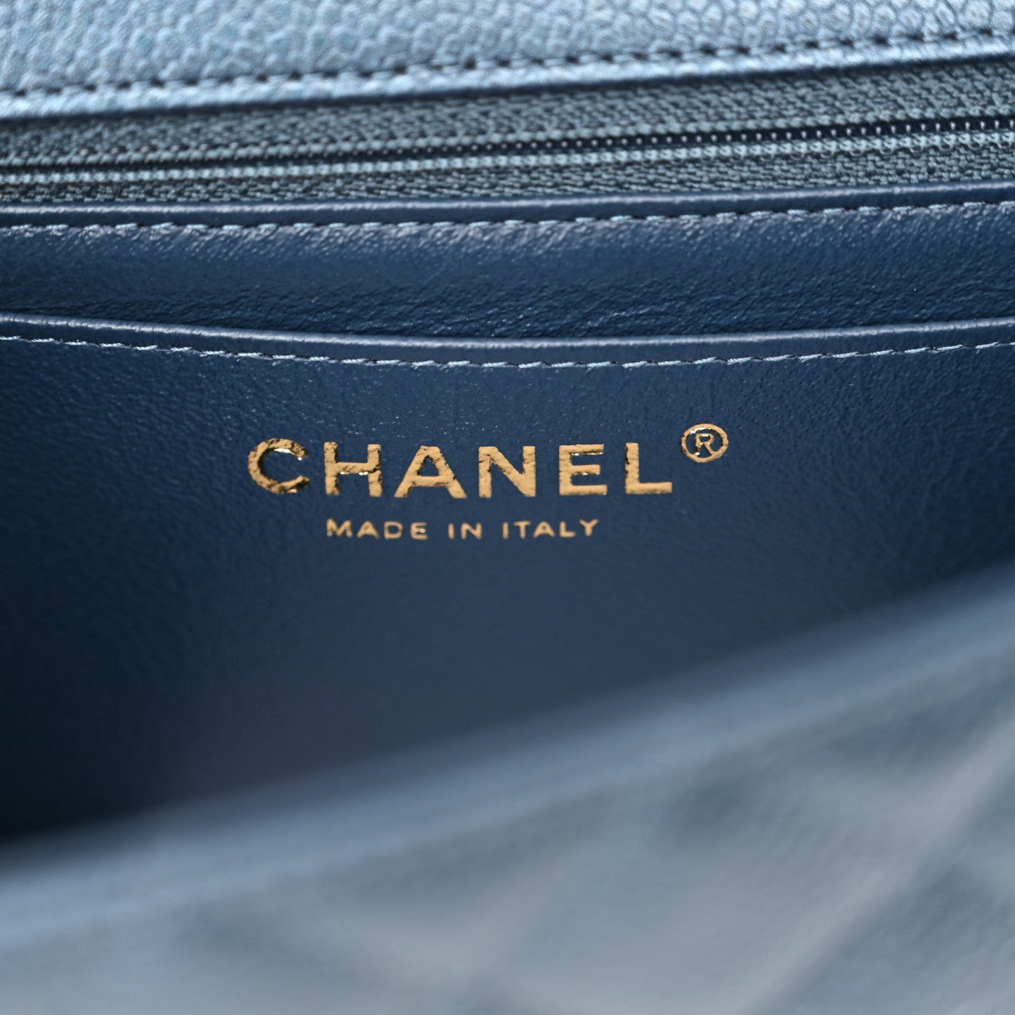 Amelia Iridescent Caviar Quilted Mini Rectangular Flap Dark Blue