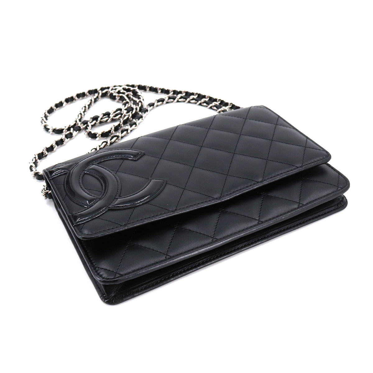 Chanel Cambon Line Chain Wallet Bifold Long Wallet Leather Enamel Black Silver Metal Fittings
