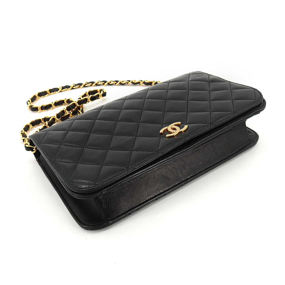 Chanel Matelasse Chain Shoulder Bag Leather Black Gold Hardware Push Lock