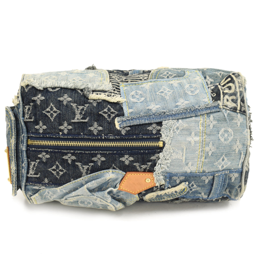 Louis Vuitton Speedy 30 Handbag Monogram Denim Patchwork Blue