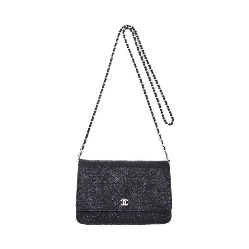 Chanel Floral Pattern Chain Wallet Leather Black