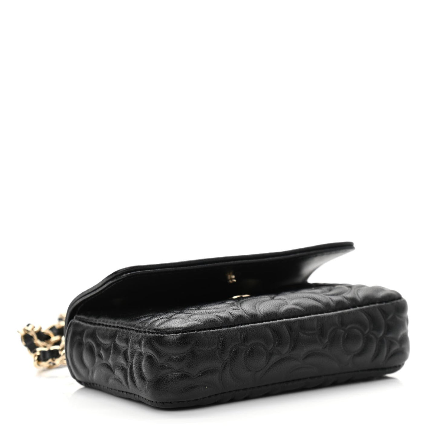 Chanel Lambskin Camellia Embossed Chain Belt Bag Black