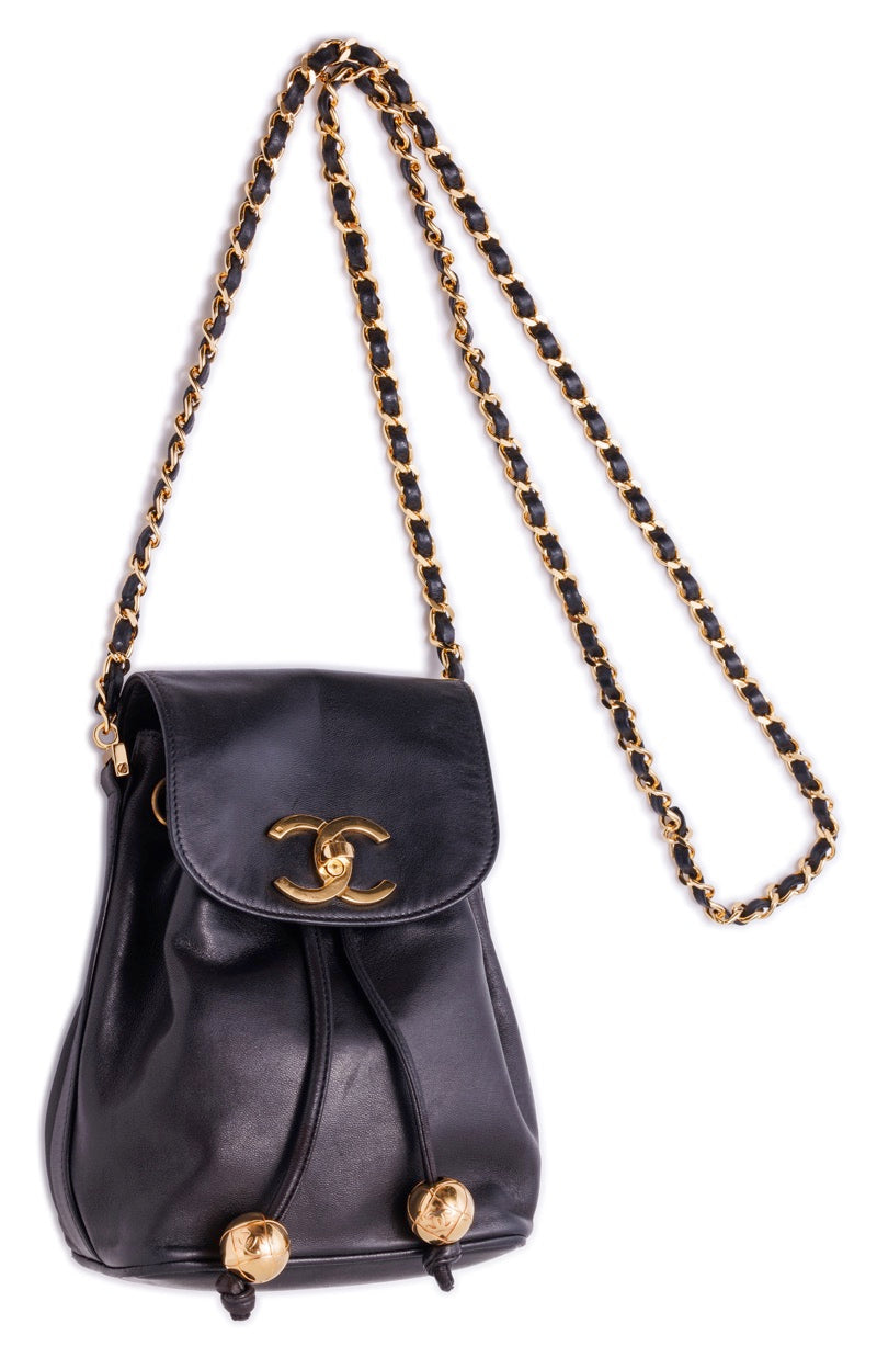 Chanel Turnlock Double Ball Charm Mini Chain Lambskin Black