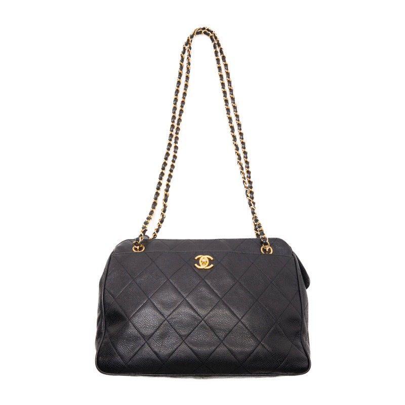 Chanel Matelasse Coco Mark Double Chain Shoulder Caviar Skin Black
