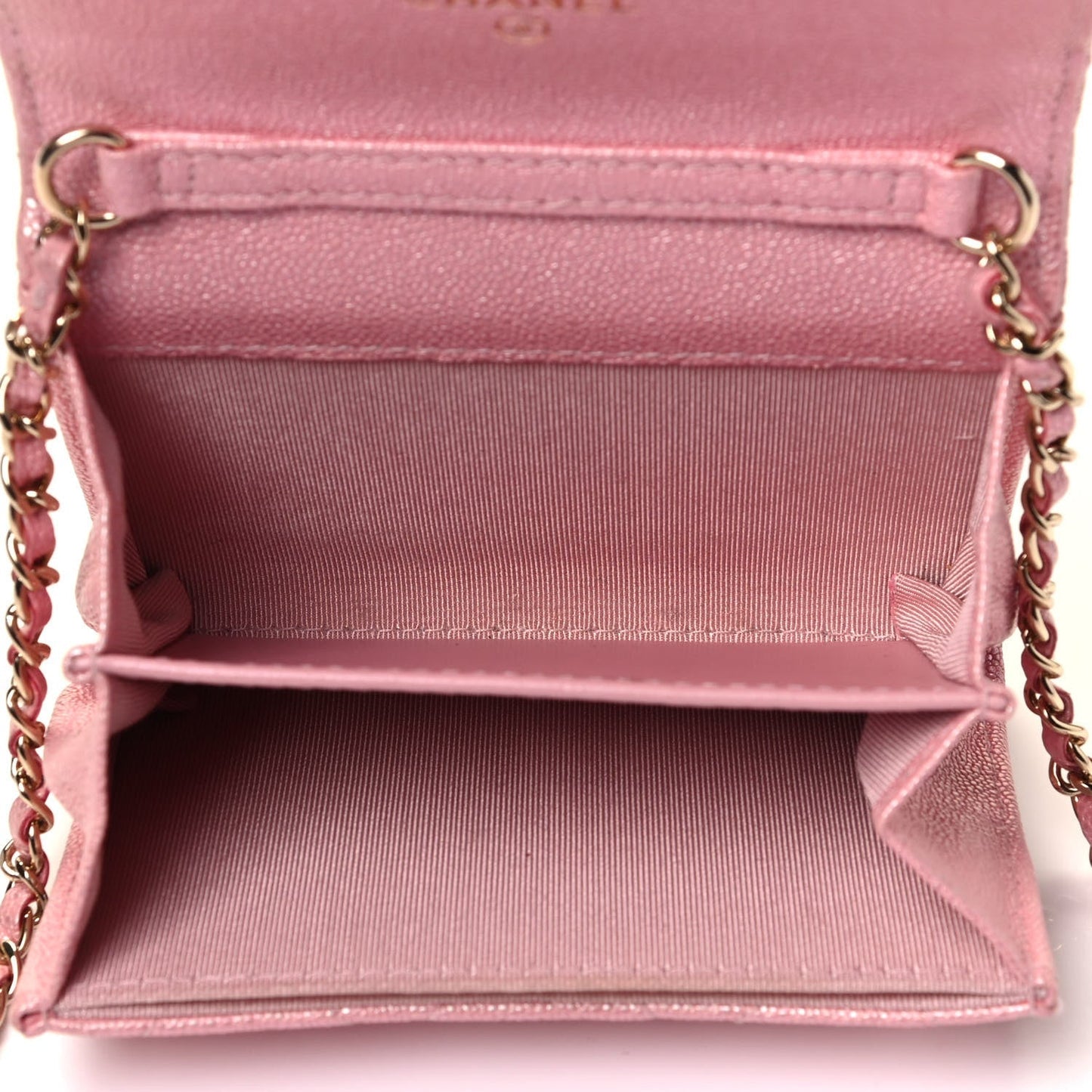 Iridescent Caviar Quilted Flap Card Holder On Chain Pink