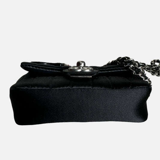 Chanel Extra Mini Flap Bag Black Satin Choco Bar Lipstick Mirror Crossbody, 2005