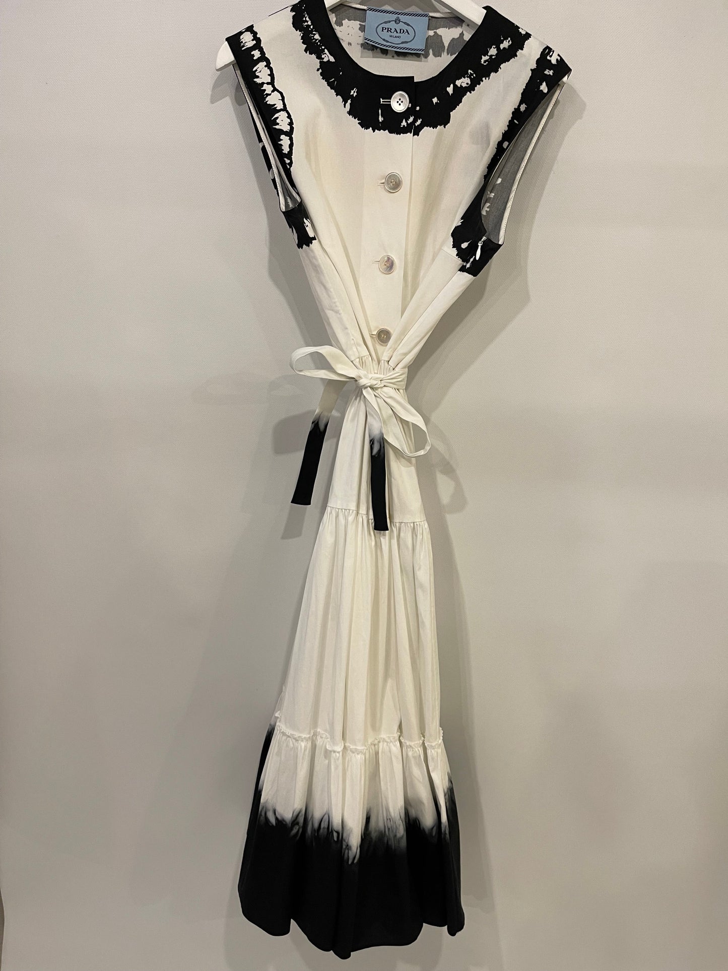 Prada White Maxi Popeline Sleeveless Belted Dress with Black Tie-Dye Details Size IT 42 (UK 10)