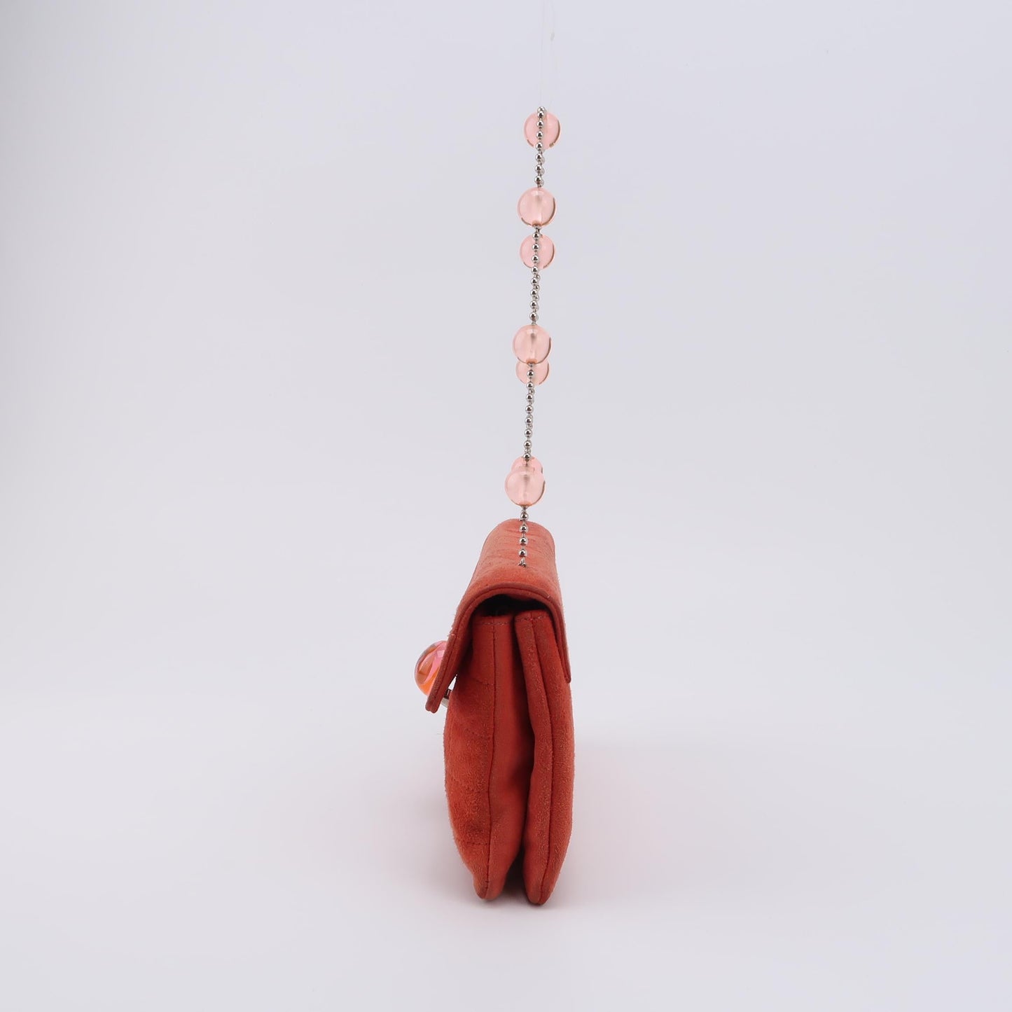 Chanel Coral Red Suede Flap Envelop Bag   Square Quilted Beads Strap
