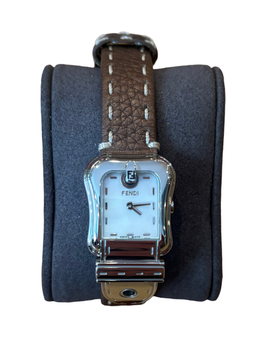 Fendi 22mm Stainless Steel Leather Strap Watch Mother of Pearl Dial