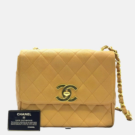 Chanel Classic Flap   Camel Caviar Leather 24k Gold Plated Giant CC Logo