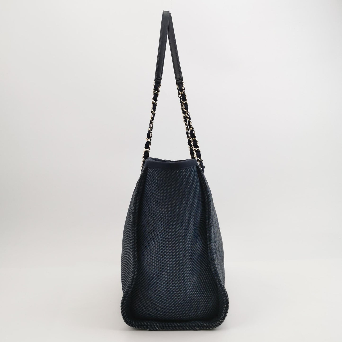 Chanel Deauville Tote Navy Denim Cloth Leather Chain Strap Small 34cm