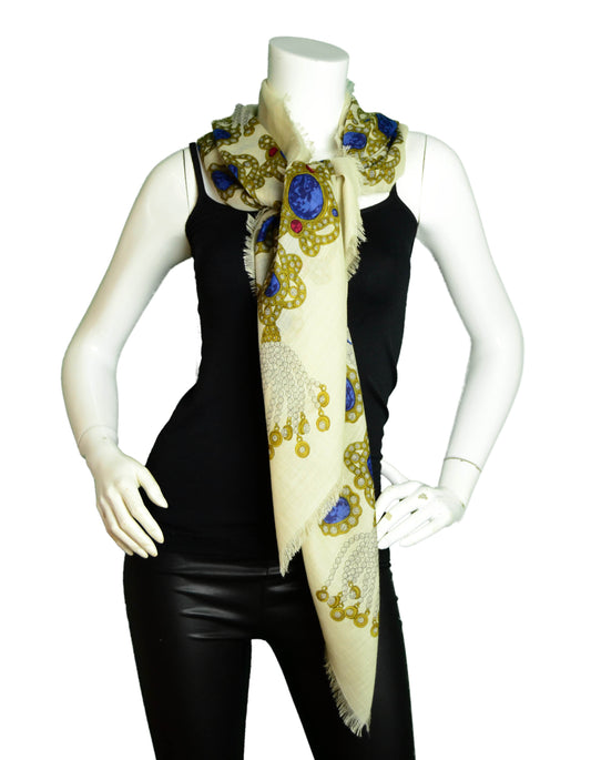 Chanel Cream Wool & Silk Jewel Print XL Scarf/Shawl
