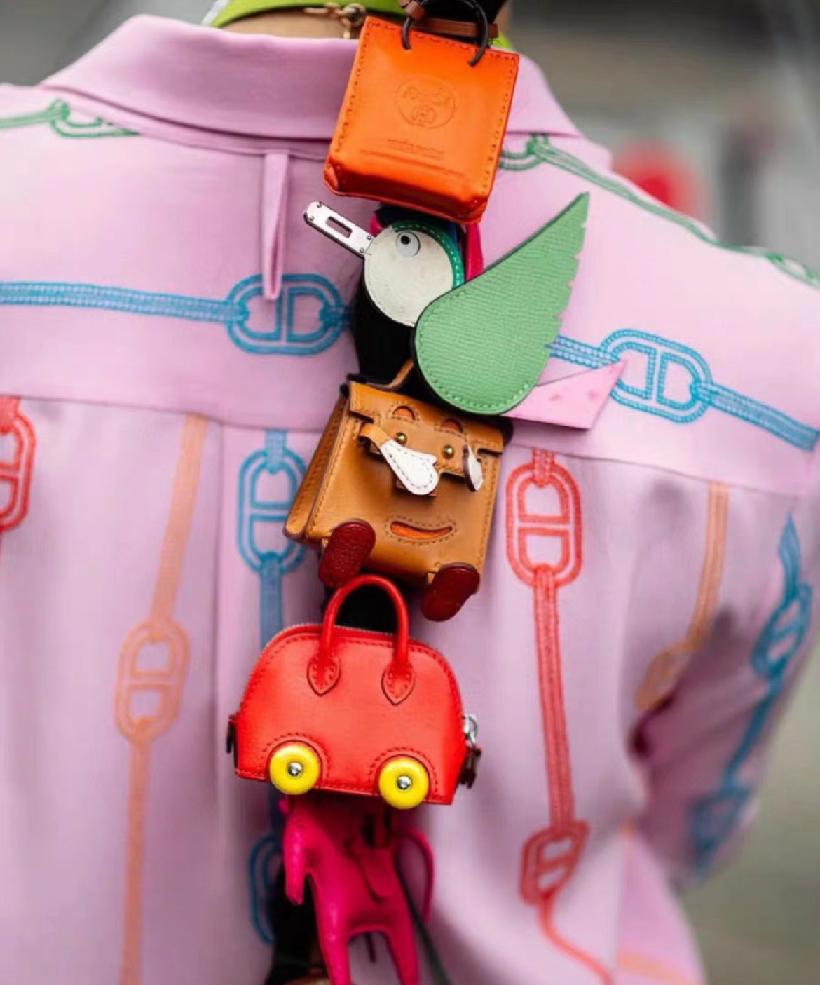 Hermes Bolide on Wheels Charm?Rose extreme/Vert vertigo Chevre chamkila goatskin Silver hardware