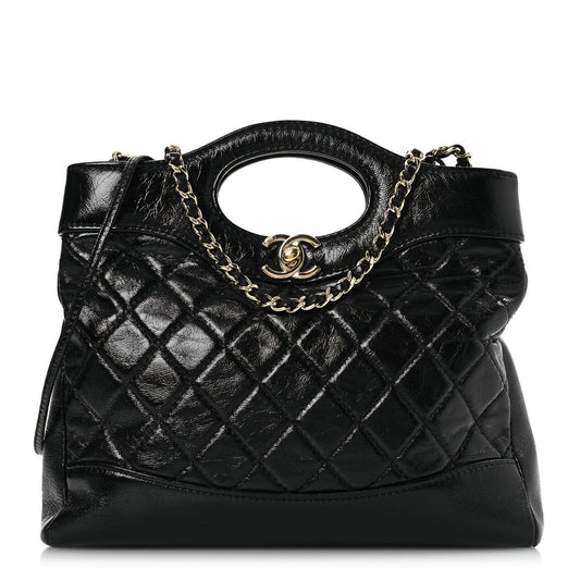 Amelia Shiny Crumpled Calfskin Quilted Mini 31 Shopping Bag Black