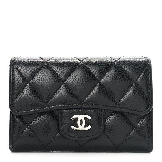 Amelia Caviar Quilted Flap Card Holder Black