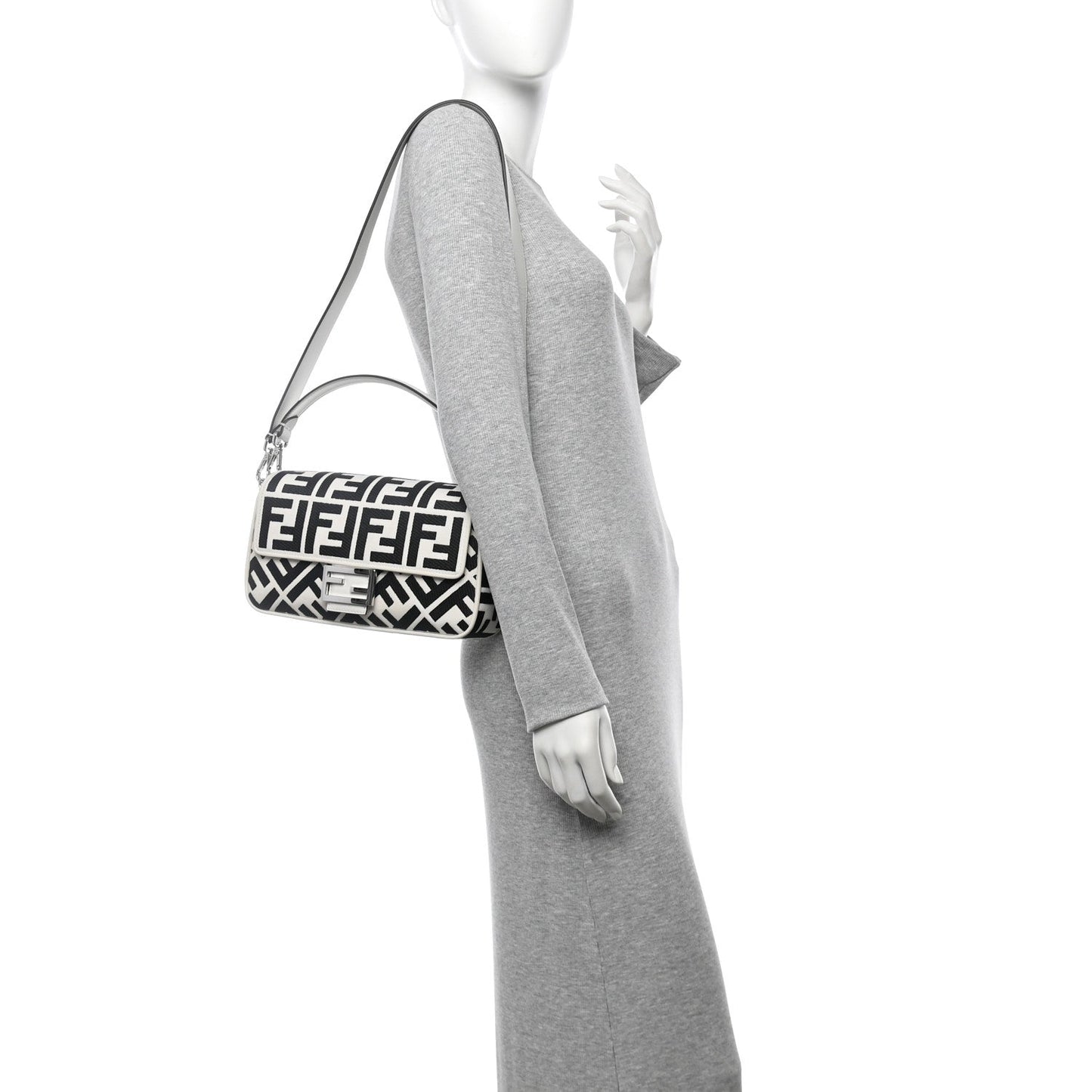 Amelia Canvas Vitello King FF Embroidered Baguette White Black