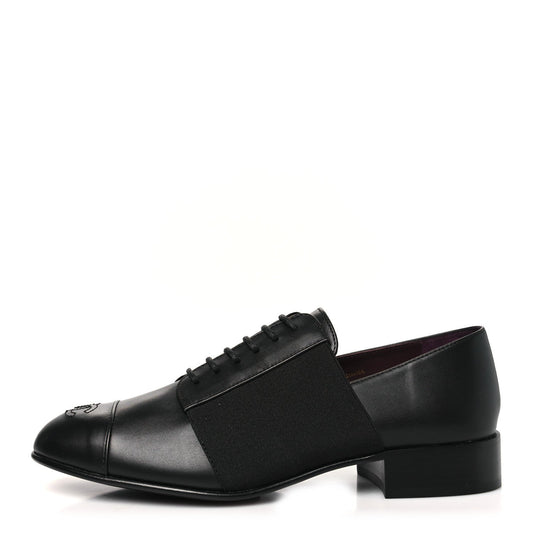 Amelia Calfskin Elastic Lace Up Cap Toe CC Loafers 37 Black