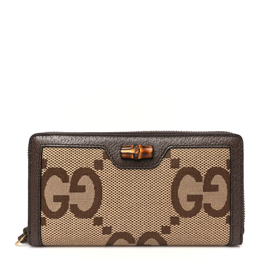 Amelia Monogram Jumbo GG Textured Dollar Calfskin Diana Zip Around Continental Wallet Camel Ebony New Acero