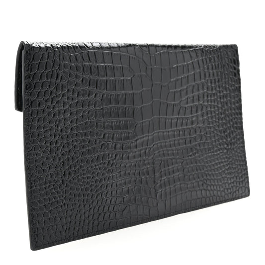 Saint Laurent Calfskin Crocodile Embossed Uptown Monogram Clutch Black
