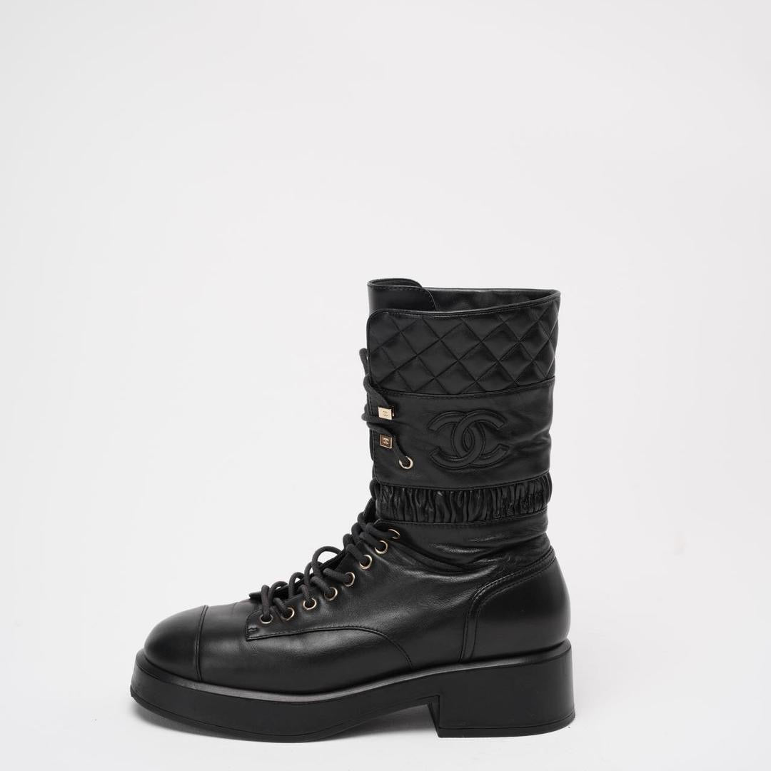 Chanel Black Lace Up Combat Boots Lambskin 39