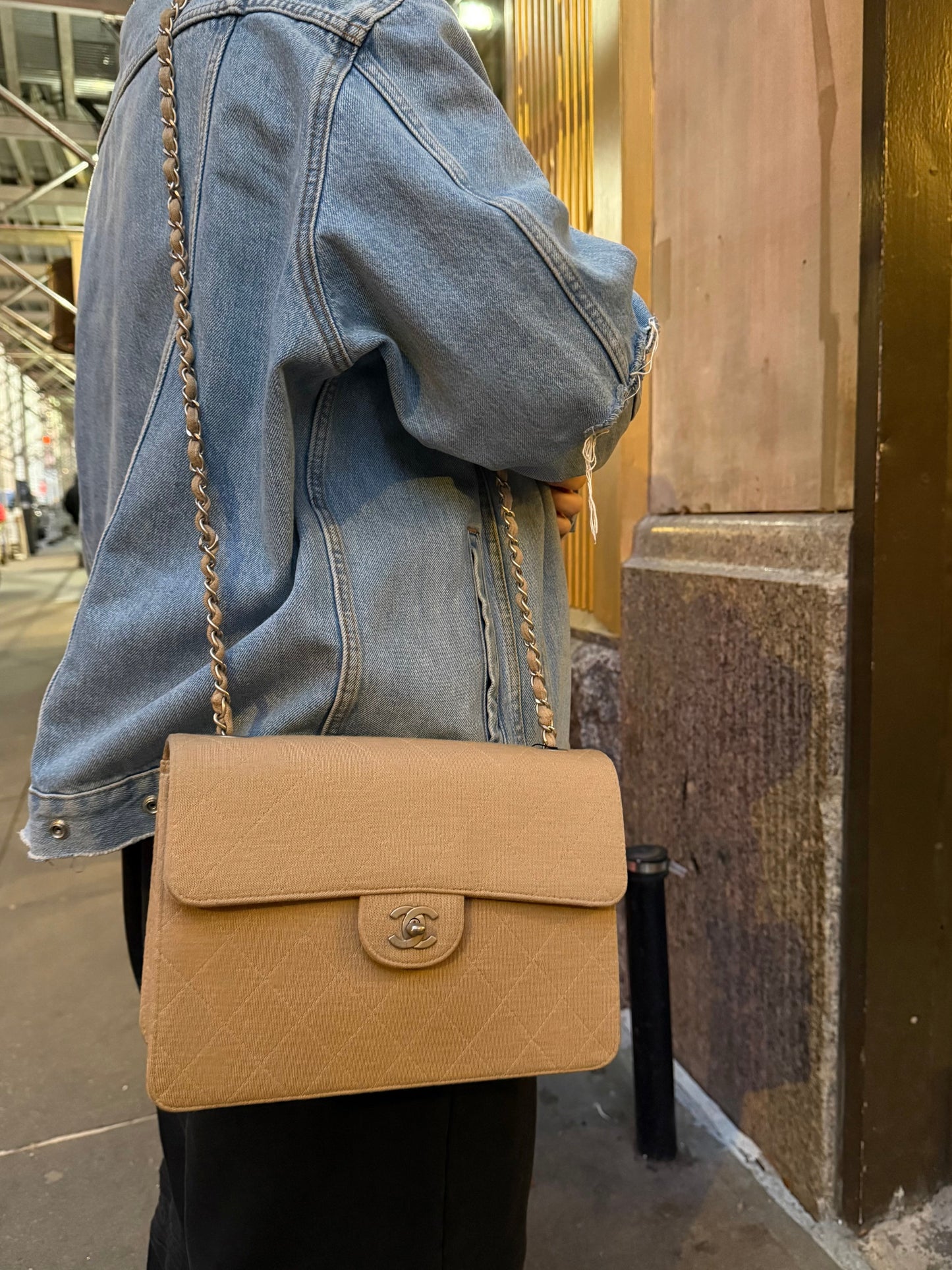 Chanel Beige Quilted Canvas Chain Flap Bag 1998