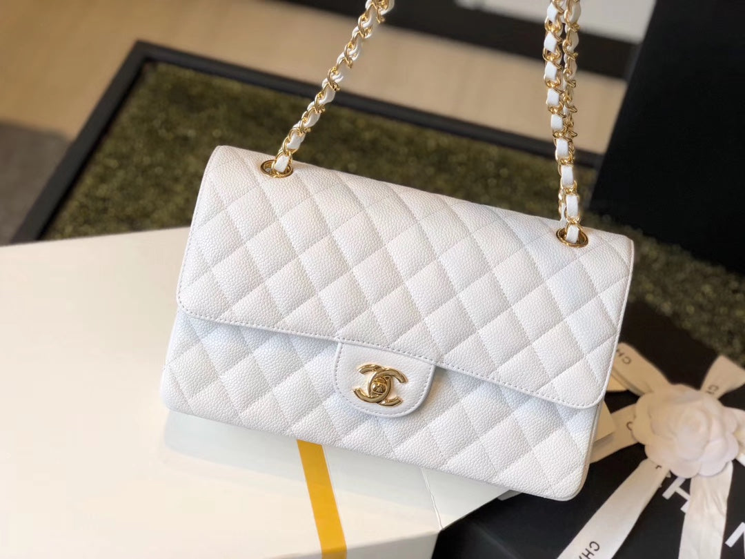 CHL -  Classic Medium Flapbag Golden Hardware White 10in/25.5cm