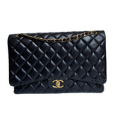 Chanel Classic Flap Maxi Black Lambskin Leather Double Flap with Gold-tone Hardware