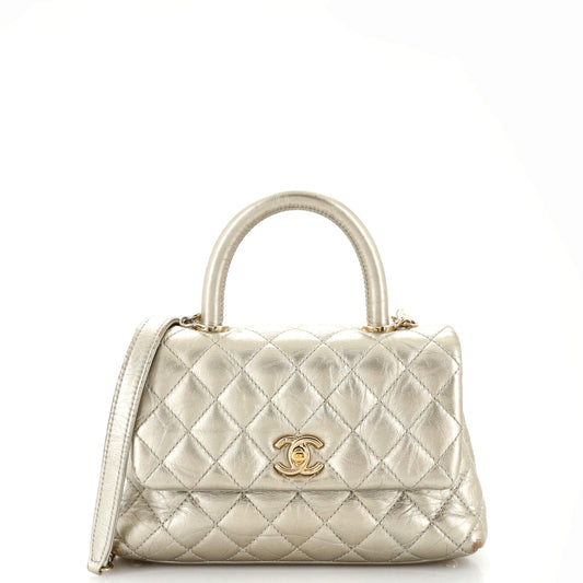 CHANEL Coco Top Handle Bag Quilted Aged Calfskin Mini