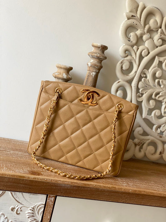 CHL - Vintage Beige Medium Quilted Caviar Tote Bag For Women 28cm/11in