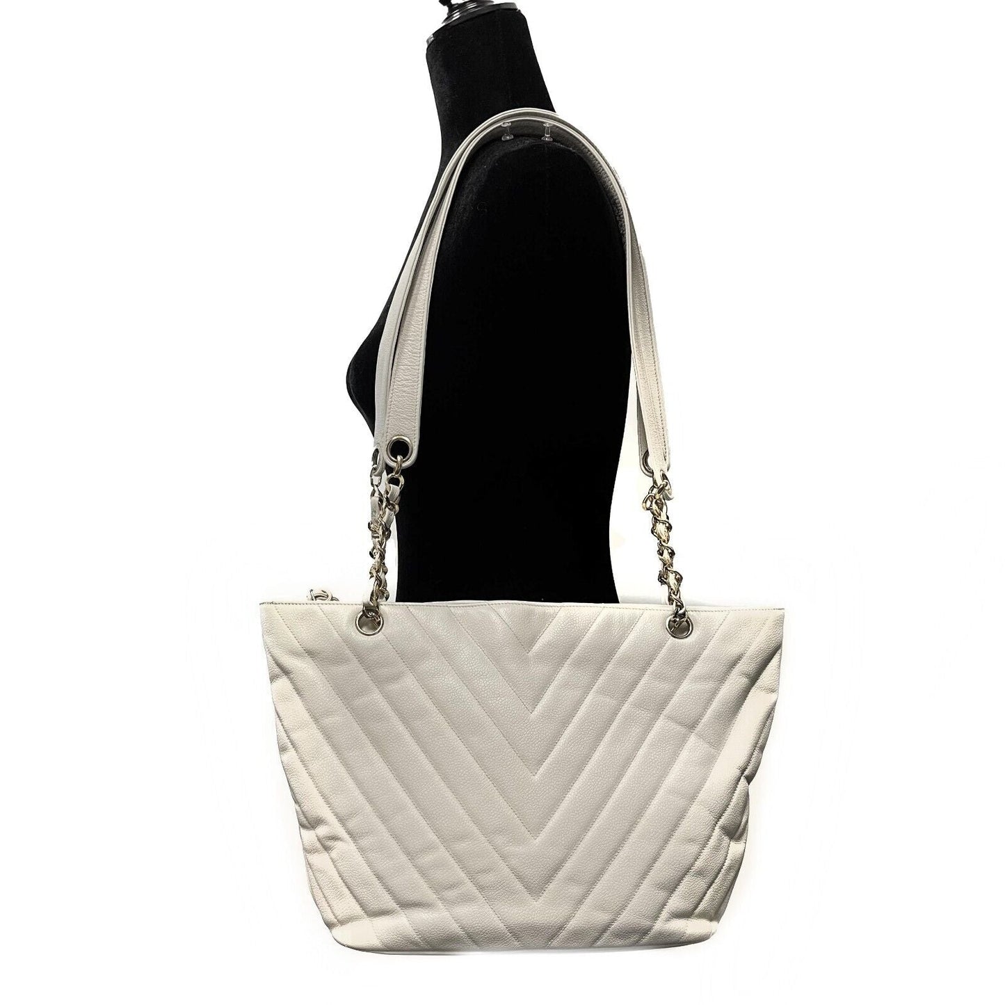 CHANEL -   1994 White Leather Small Chevron Tote / Shoulder Bag
