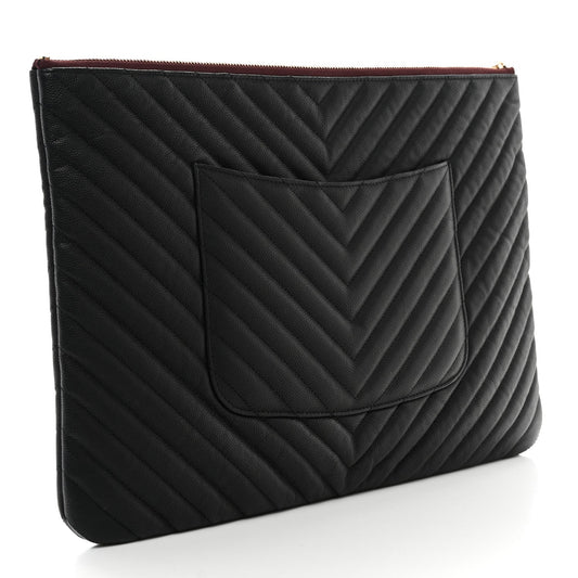 Amelia Caviar Chevron Quilted Large Cosmetic Case Black