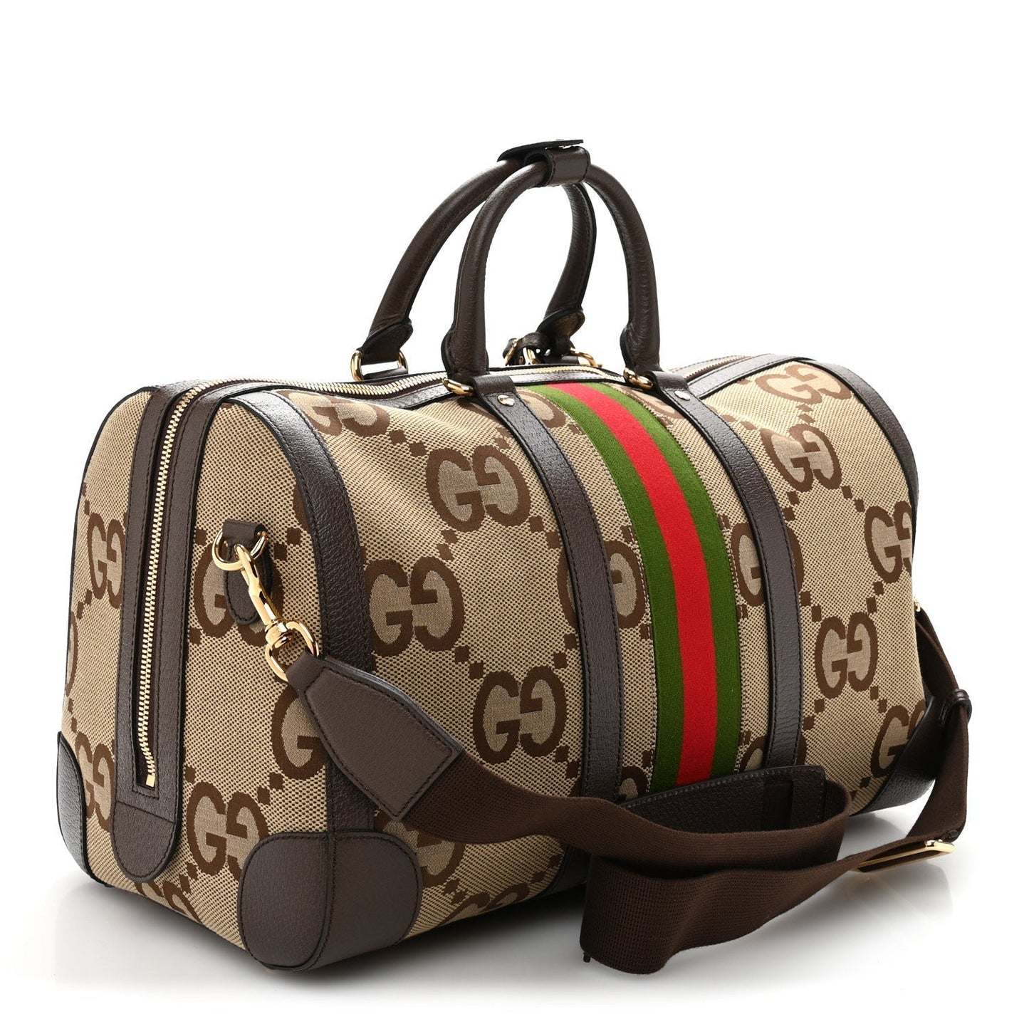 Amelia Monogram Jumbo GG Textured Dollar Calfskin Web Medium Duffle Bag Camel Ebony