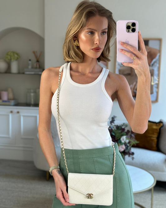 Chanel White Envelope Wallet on Chain Bag in Caviar Leather with Silver Hardware