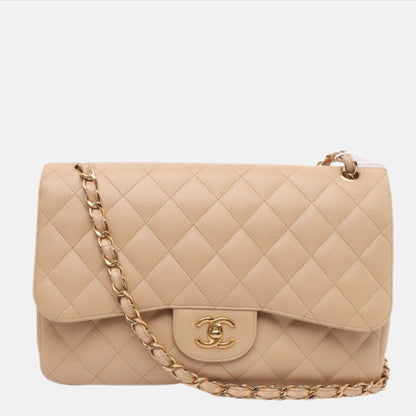 Chanel Classic Flap Jumbo 2010 Beige Caviar Leather Doublr Flap Gold Hardware