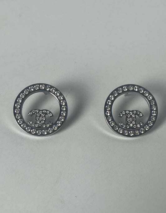 Chanel Silver Crystal Round CC Pierced Earrings
