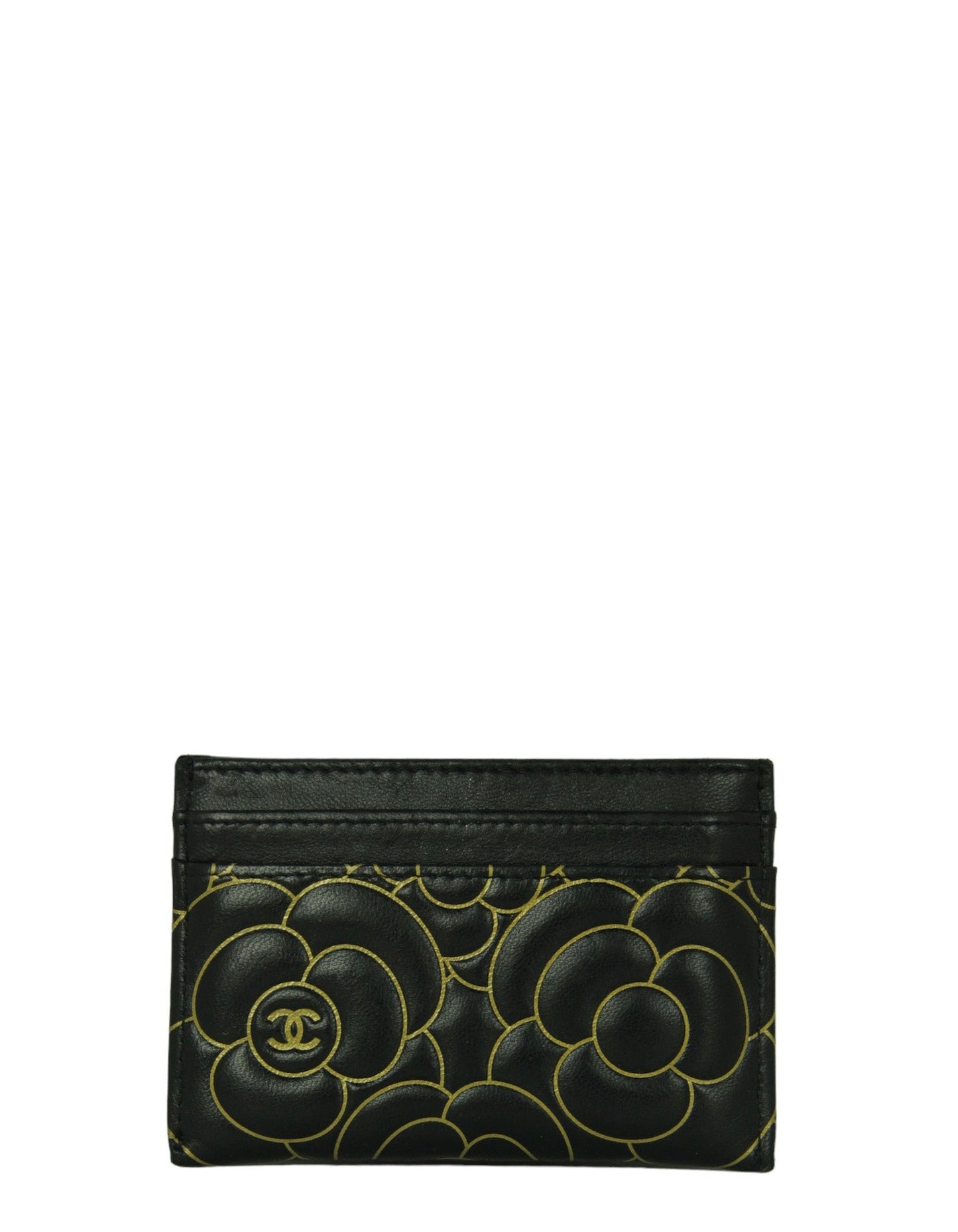 Chanel Black Goatskin Camellia Embossed Card Holder