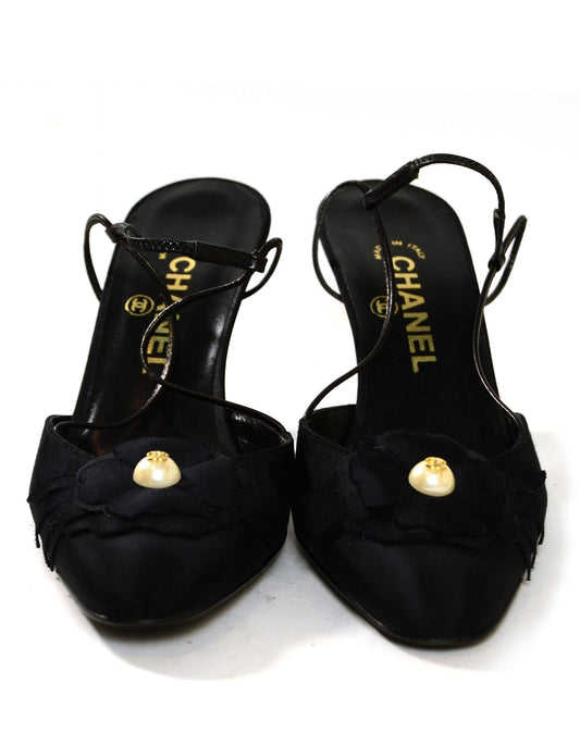 Chanel Black Grosgain Slingbacks with CC Pearl Camellia sz 37.5