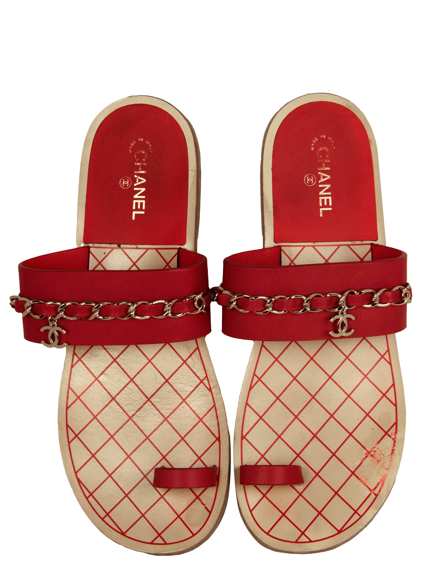 Chanel Red Toe Ring CC Chain Sandals sz 39.5C